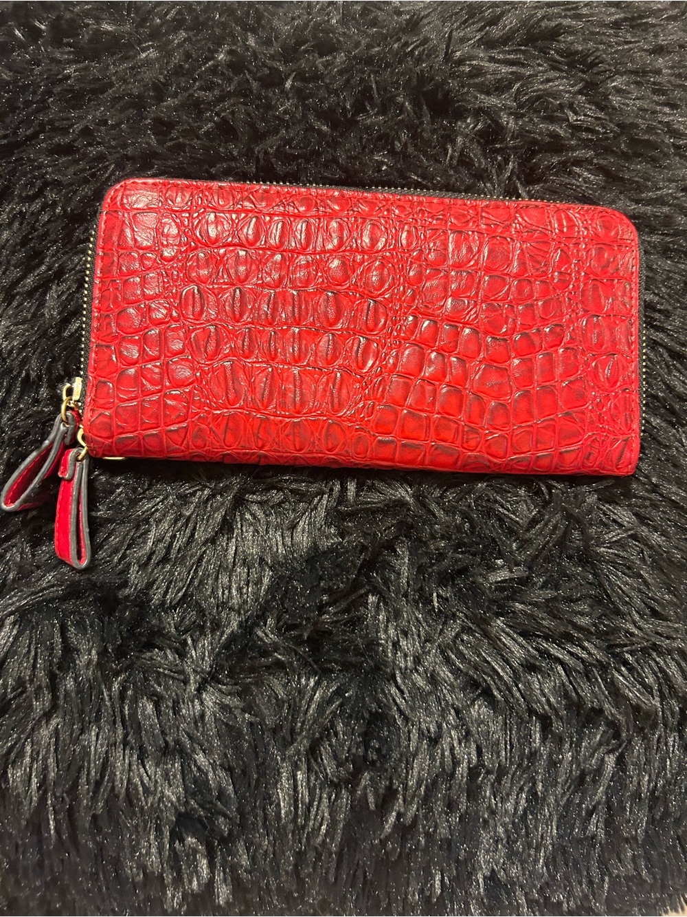 Red Croc Embossed Zip Around Continental Wallet | Faux Crocodile Wallet